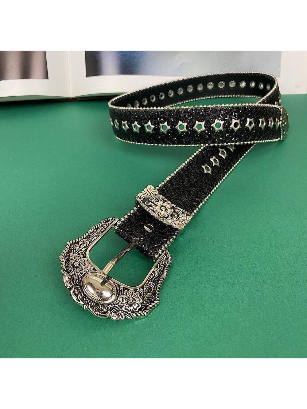 Y2k Style Studded Black and Silver 2-Tone Rhinestone belt. Cool grunge/punk - Picture 5 of 8